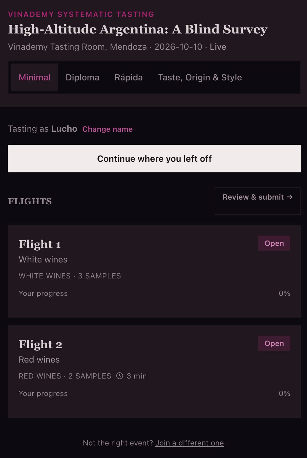Pantalla del participante con los flights del evento